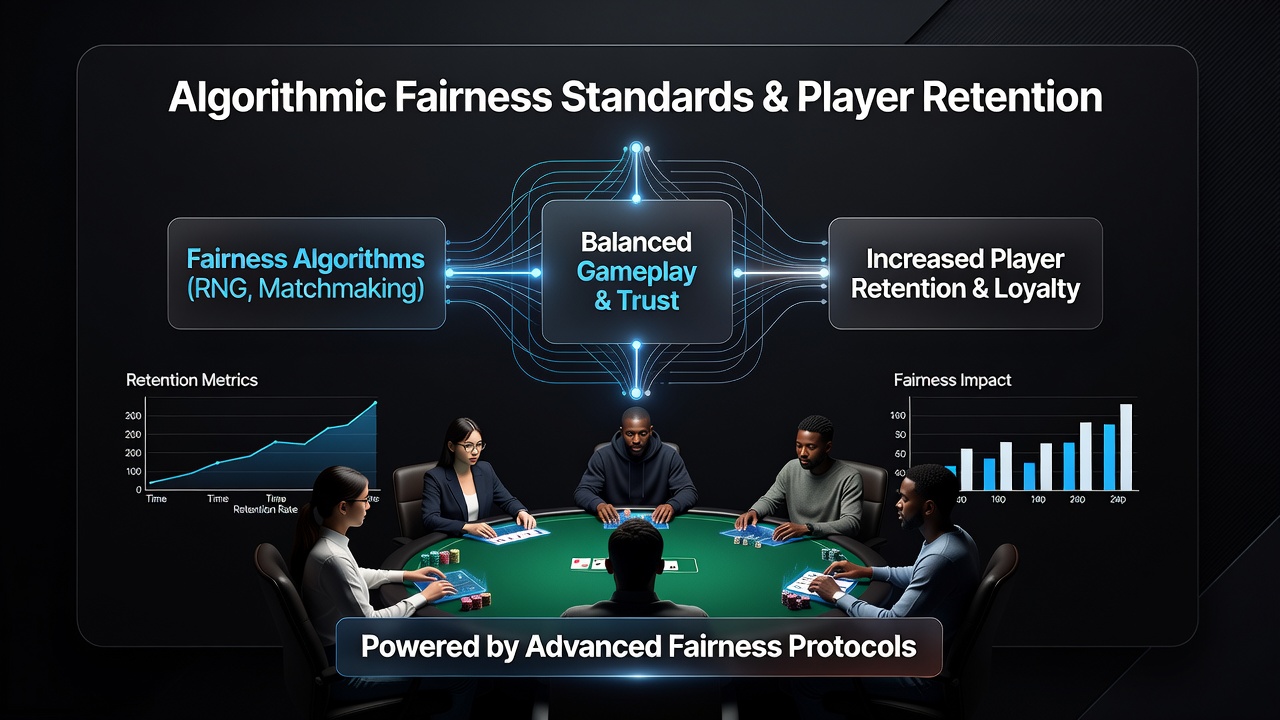 Data visualization dashboard displaying player retention curves alongside algorithmic fairness compliance scores for poker tournament software